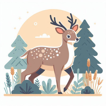 Cute deer in the forest. Vector illustration in flat style.のイラスト素材