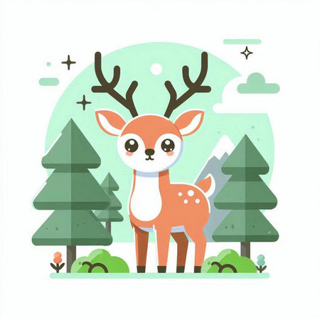 Cute cartoon deer in the forest. Vector illustration in flat styleのイラスト素材