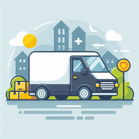 Delivery van on the road. Vector illustration in flat design style.のイラスト素材