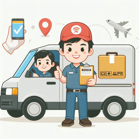 Delivery man and woman with parcels and mobile phone. Vector illustration.のイラスト素材