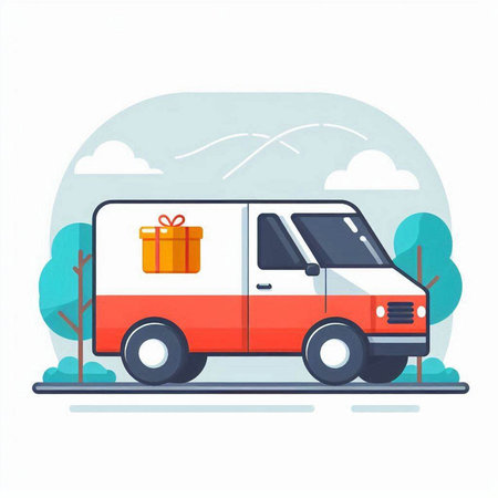 Delivery van with gift box. Flat vector illustration on white background.のイラスト素材