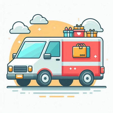 Delivery van with gift boxes. Colorful vector illustration in flat style.のイラスト素材