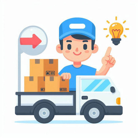 Delivery man and truck with boxes. Vector illustration in a flat styleのイラスト素材
