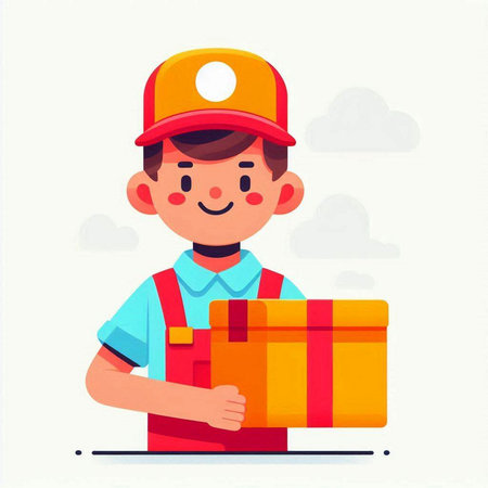 Courier with a box of gifts. Vector illustration in cartoon styleのイラスト素材