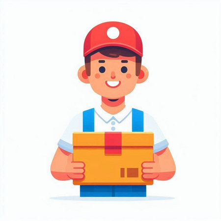 Courier in uniform holding a box. Delivery service. Vector illustrationのイラスト素材