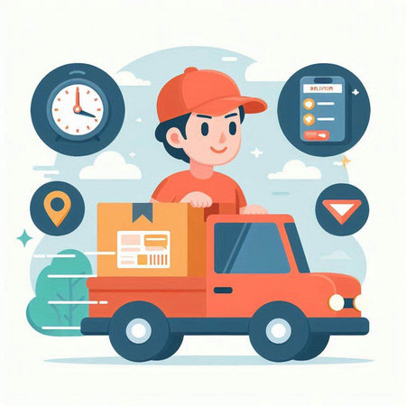 Delivery man in red uniform with boxes in car. Vector illustration in flat styleのイラスト素材