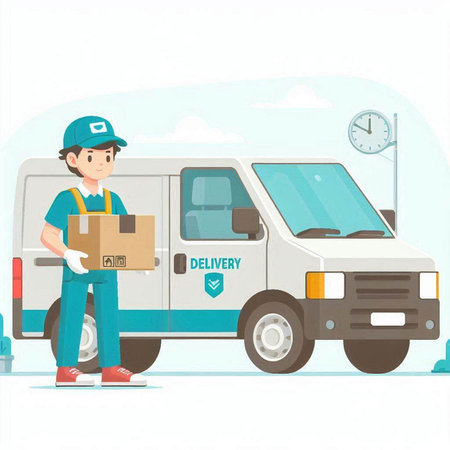 delivery man with box in front of van, vector illustration.のイラスト素材