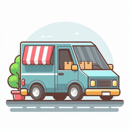 Coffee van with awning on the road. Vector illustration.のイラスト素材