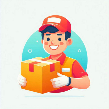 Smiling delivery man in uniform holding parcel box. Vector illustration.のイラスト素材