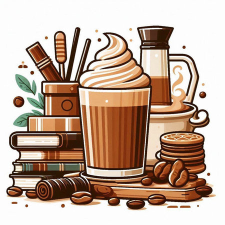 Coffee cup with latte macchiato, coffee beans and books. Vector illustration.のイラスト素材
