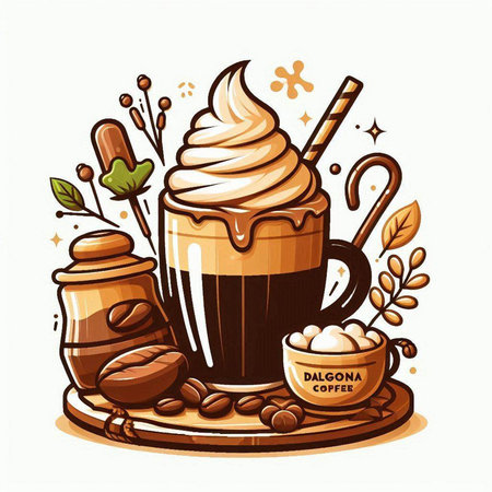 Coffee cup with whipped cream, coffee beans, cinnamon stickshmallows and candy cane. Vector illustration.のイラスト素材