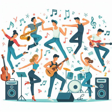 Musical group of people in flat style. Men and women dancing, singing, playing musical instruments. Vector illustration.のイラスト素材