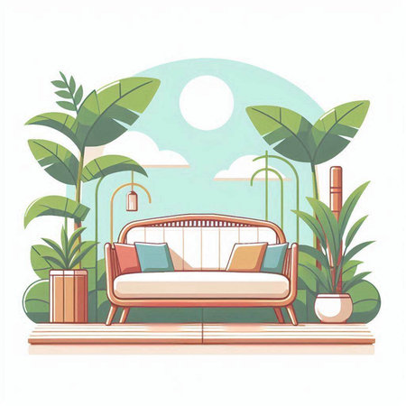 Sofa in the garden. Vector illustration in flat style.のイラスト素材