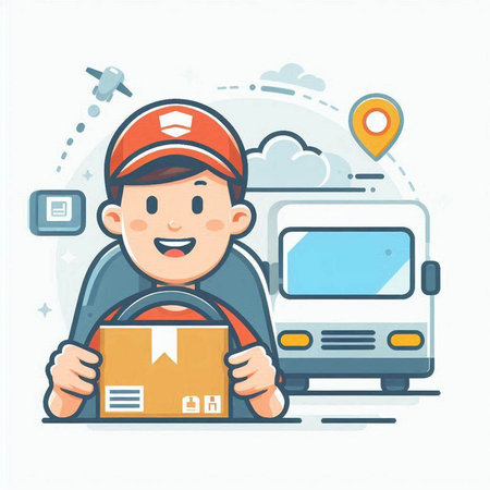 Delivery man holding cardboard box and truck. Delivery service concept. Vector illustration.のイラスト素材
