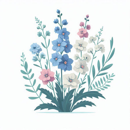 Illustration of a bouquet of blue and white flowers on a white backgroundのイラスト素材