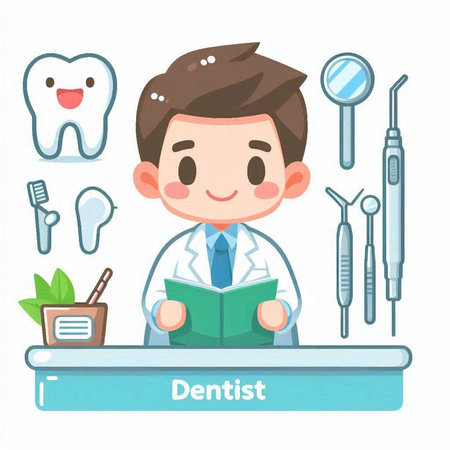 Dentist and dental tools. Dentist's office. Vector illustration.のイラスト素材