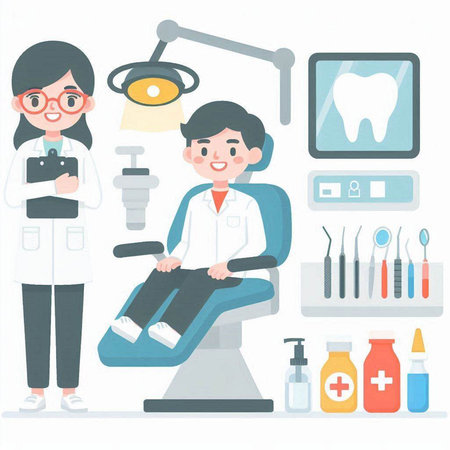 Dentist and orthodontist in dental office. Vector illustration.のイラスト素材