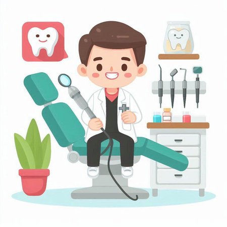 Dentist with dental tools. Dentist in the office. Dental care. Cartoon vector illustration.のイラスト素材