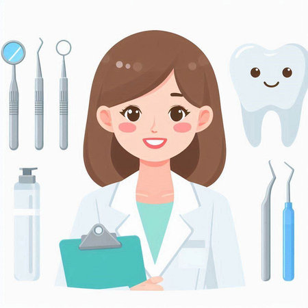 Dentist woman with dental tools and instruments. Vector illustration.のイラスト素材