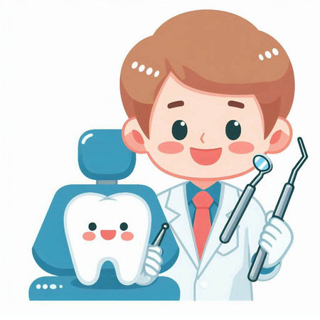 Cute cartoon dentist boy with tooth and dental tools. Vector illustration.のイラスト素材