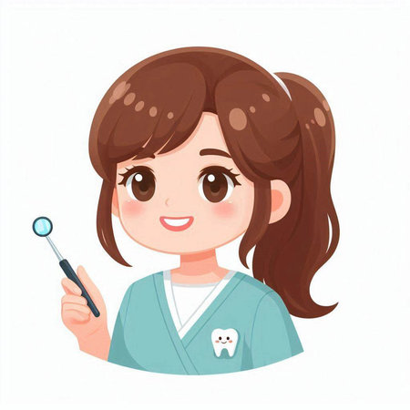Girl dentist with a magnifying glass. Vector illustration isolated on white background.のイラスト素材