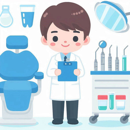 Male dentist and dental tools in the dentists office. Vector illustration.のイラスト素材