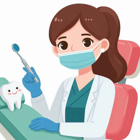 Dentist and patient at the dental office. Vector illustration.のイラスト素材