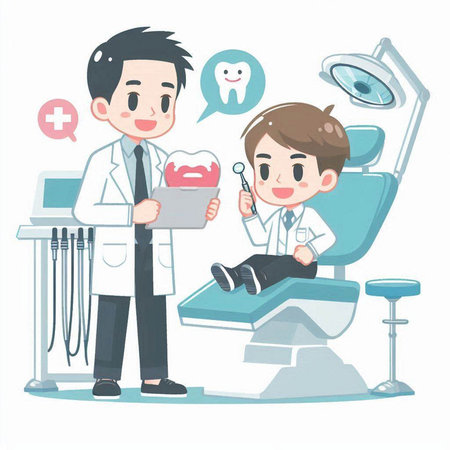 Dentist and patient in the dentists office. Vector illustration.のイラスト素材