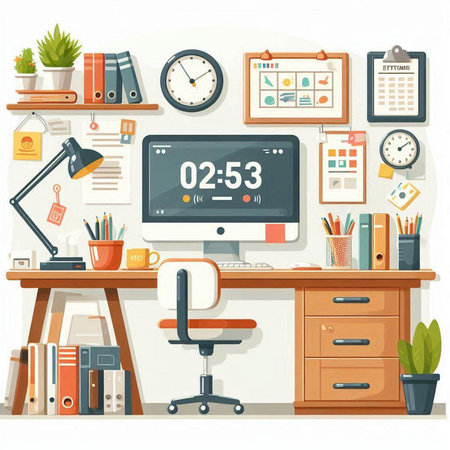 Office workplace with computer, clock, folders, stationery and other items. Flat vector illustration.のイラスト素材