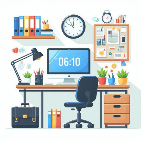 Office workplace. Workplace with computer, bookshelf, folders, stationery and clock. Flat vector illustrationのイラスト素材