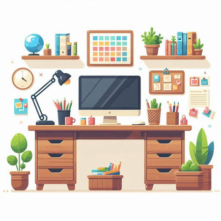 Office workplace. Workplace with computer and office supplies. Vector illustrationのイラスト素材