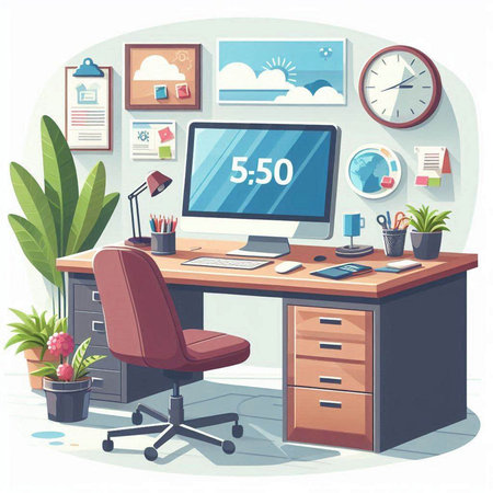 Vector illustration of a modern home office. Workplace with computer, desk, chair and plant.のイラスト素材