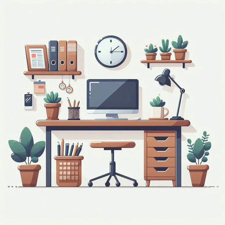 Workplace with computer, bookshelf, plant pots and other objects. Vector illustrationのイラスト素材