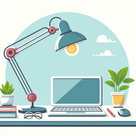 Workplace with computer, lamp and plant. Flat style vector illustration.のイラスト素材