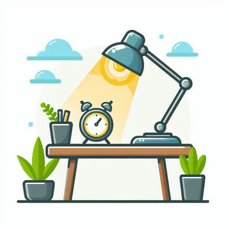 Desk lamp with alarm clock. Vector illustration in flat cartoon style.のイラスト素材