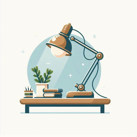 Illustration of a desk lamp with books and plants on it.のイラスト素材