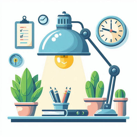 Flat design modern vector illustration concept of home office workspace with laptop, coffee cup, books, clock, plant, lamp, pencils, alarm clock, calendar, stationery.のイラスト素材