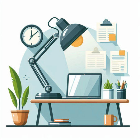 Workplace with laptop, table lamp, coffee cup and office supplies. Flat style vector illustration.のイラスト素材