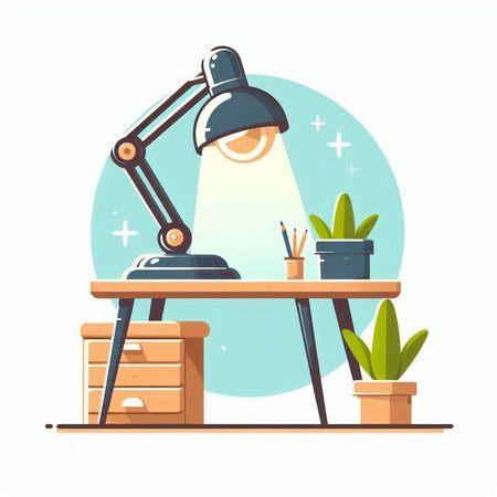 Vector illustration of a working desk with a lamp and a plant in a potのイラスト素材