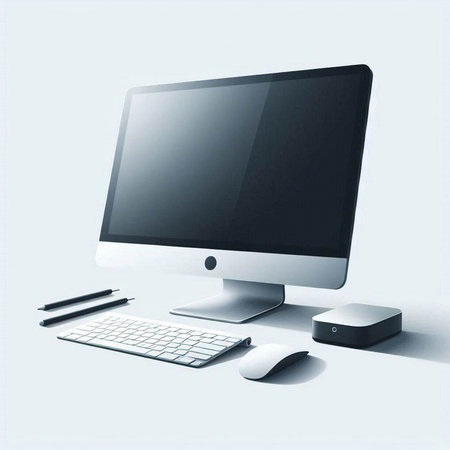 Highly rendering of a desktop computer with keyboard, mouse and pencilのイラスト素材