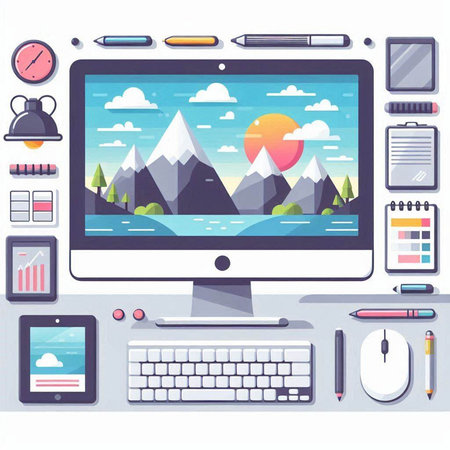Vector illustration of a desktop with a computer, a smartphone, a notebook, a pen, a mouse, a mobile phone, a stylus pen, a stylus pen and a mountain landscapeのイラスト素材