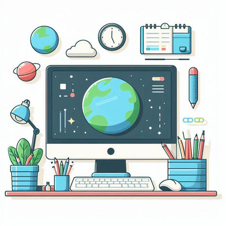 Vector illustration of modern flat design workplace with computer, stationery, stationery and globe.のイラスト素材