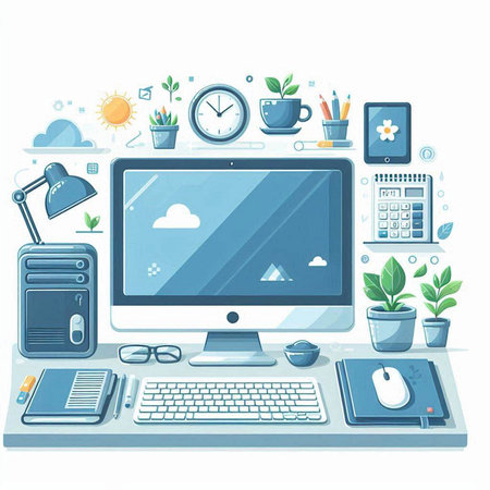 Vector illustration of modern workplace. Workplace with computer, keyboard, mouse, office supplies and plants. Flat style designのイラスト素材