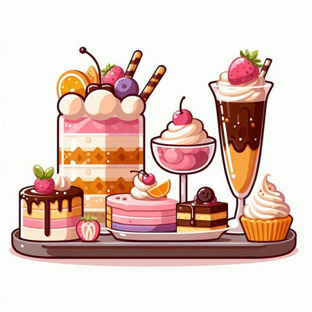 Colorful sweet cakes on a white background. Vector cartoon illustration.のイラスト素材