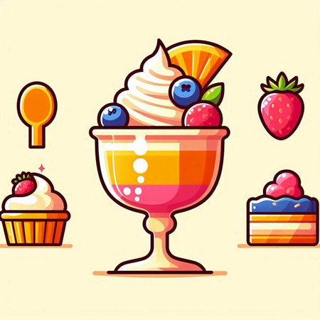 Cup of ice cream with different fruits and berries. Vector illustration.のイラスト素材