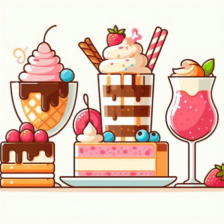 Vector illustration of a set of sweet desserts. Cake, ice cream, strawberry, chocolate, cherry, vanilla, chocolate.のイラスト素材