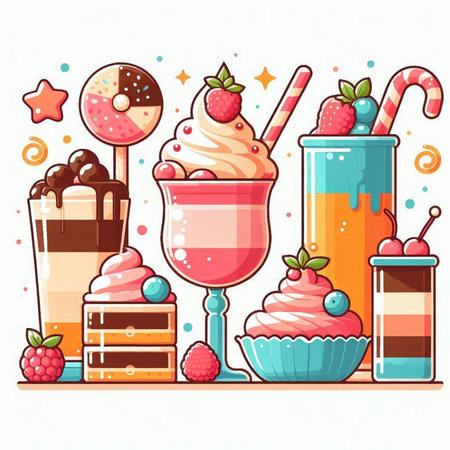 Colorful milkshakes and desserts in cartoon style. Vector illustration.のイラスト素材