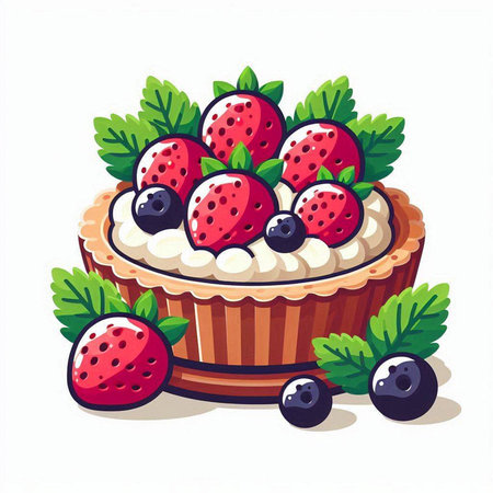 Cake with strawberries and blueberries on a white background. Vector illustration.のイラスト素材