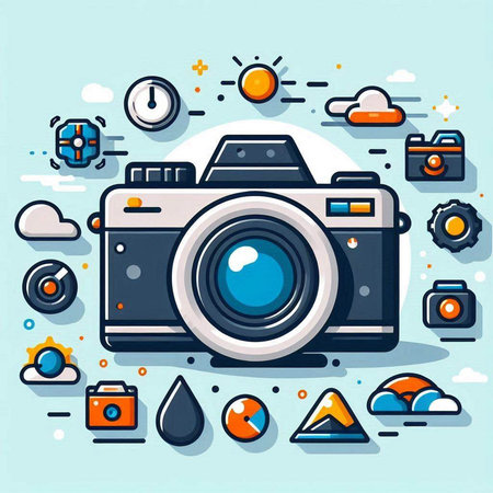 Vector illustration of modern flat line art design of camera and icons.のイラスト素材