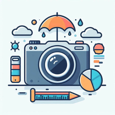 Vector line art illustration of camera, umbrella, pencil, eraser, eraser, eraser. Creative concept for web banner, infographics, hero images.のイラスト素材